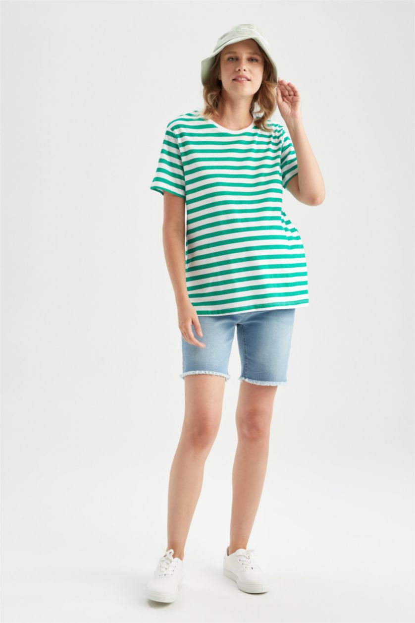 Kadın Yeşil Regular Fit Çizgili Kısa Kollu Hamile %100 Pamuk Tişört
