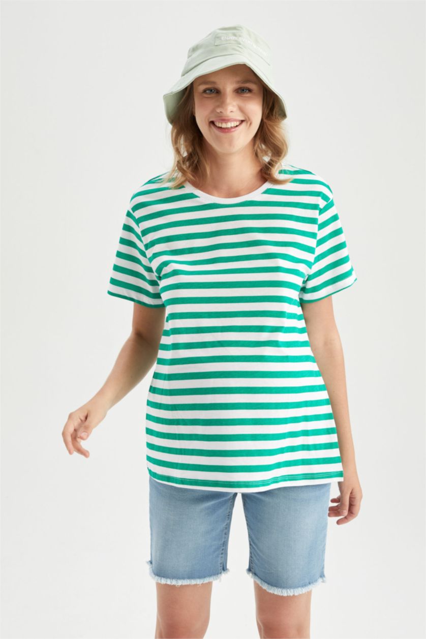 Kadın Yeşil Regular Fit Çizgili Kısa Kollu Hamile %100 Pamuk Tişört