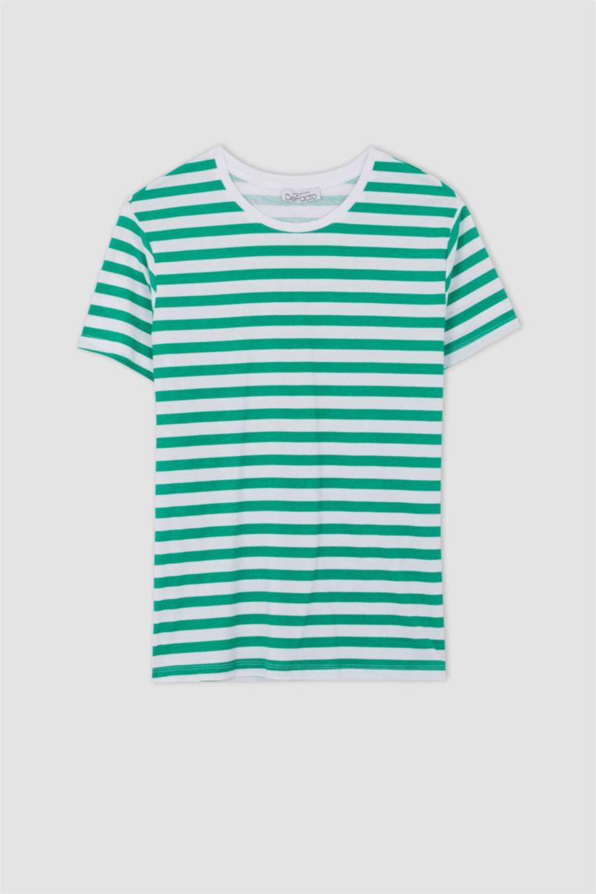 Kadın Yeşil Regular Fit Çizgili Kısa Kollu Hamile %100 Pamuk Tişört