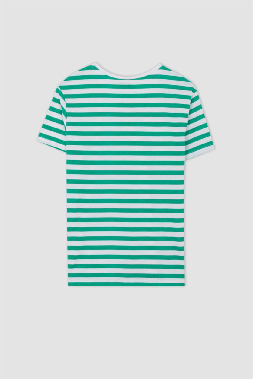 Kadın Yeşil Regular Fit Çizgili Kısa Kollu Hamile %100 Pamuk Tişört