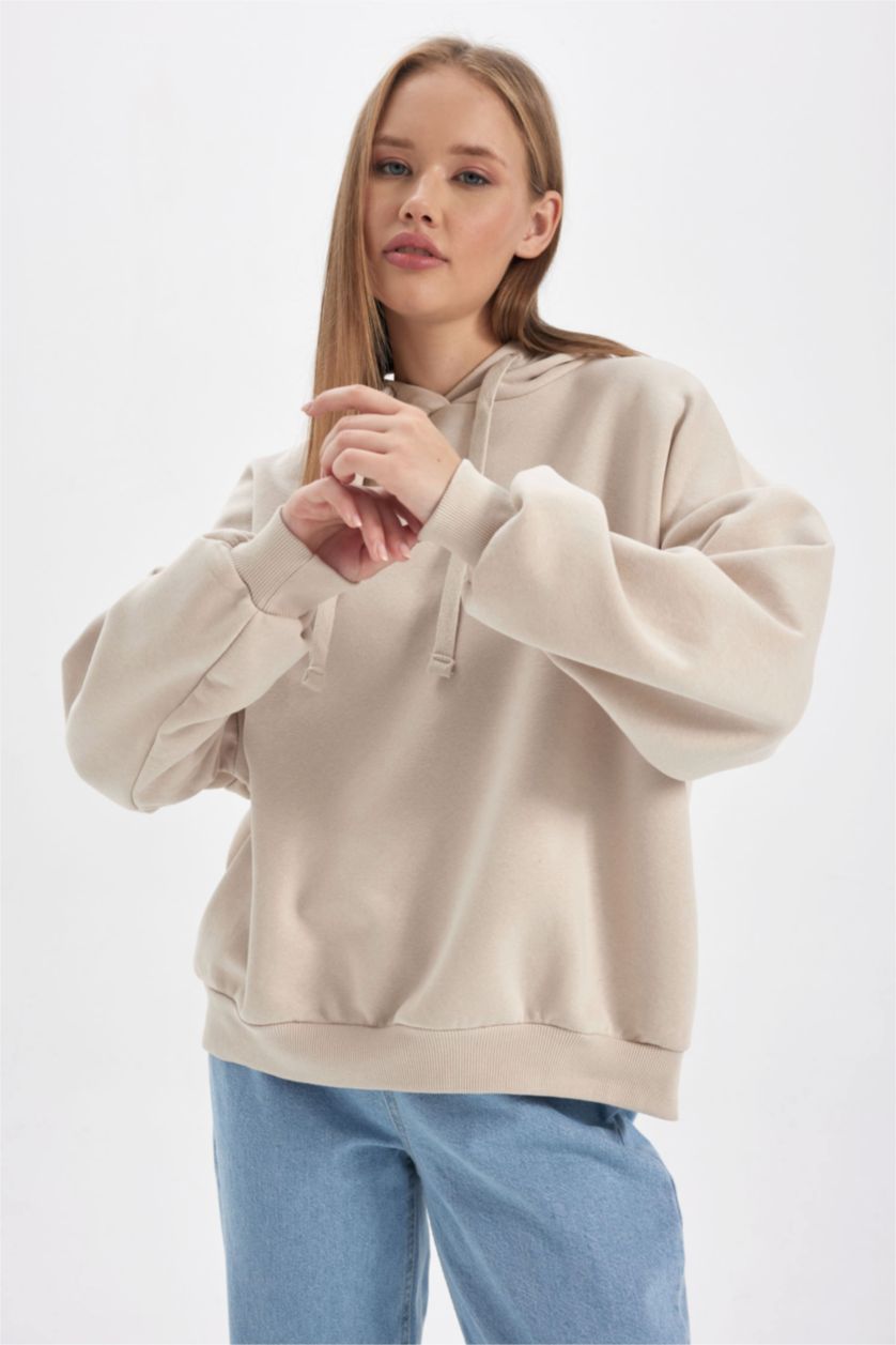 Woman Light Beige Loose Fit Thick Sweatshirt Fabric Sweatshirt
