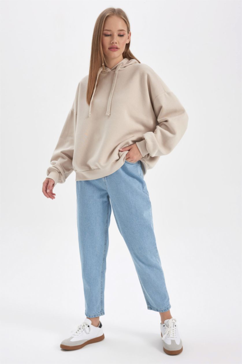 Woman Light Beige Loose Fit Thick Sweatshirt Fabric Sweatshirt