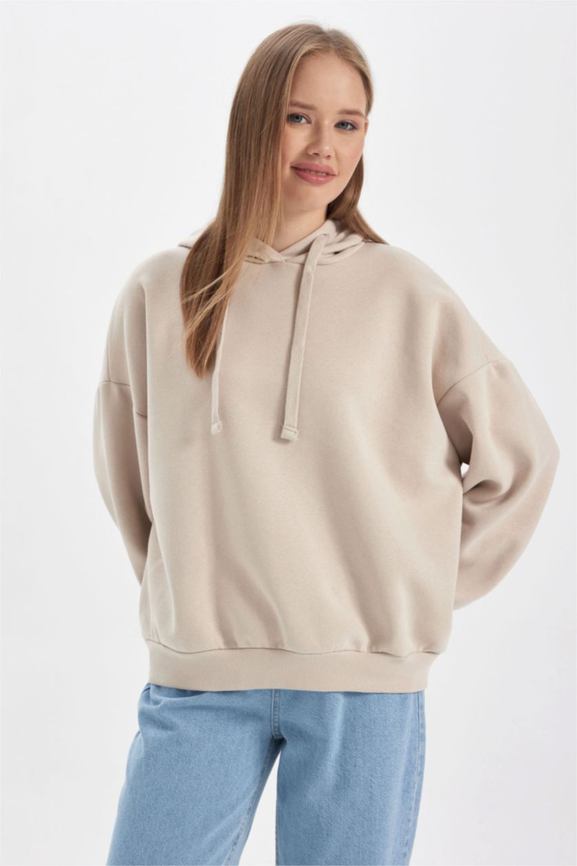 Woman Light Beige Loose Fit Thick Sweatshirt Fabric Sweatshirt
