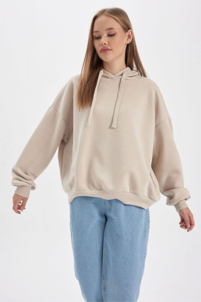 Woman Light Beige Loose Fit Thick Sweatshirt Fabric Sweatshirt