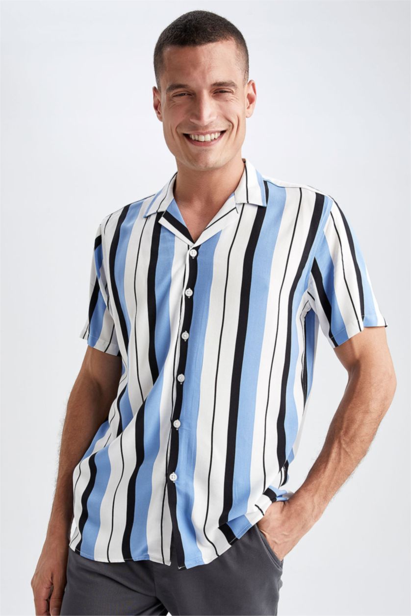 MAN Blue Regular Fit Top Collar Line Pattern Short Sleeve Shirt