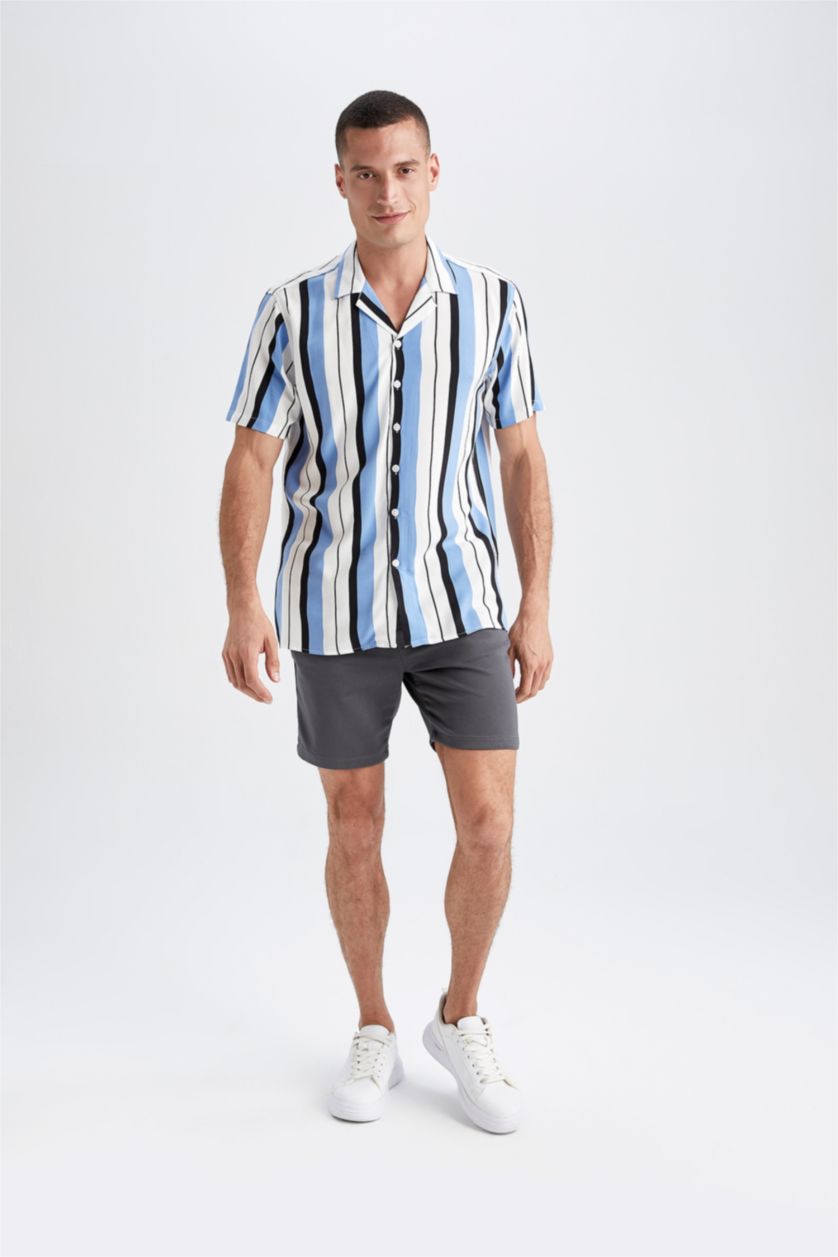 MAN Blue Regular Fit Top Collar Line Pattern Short Sleeve Shirt