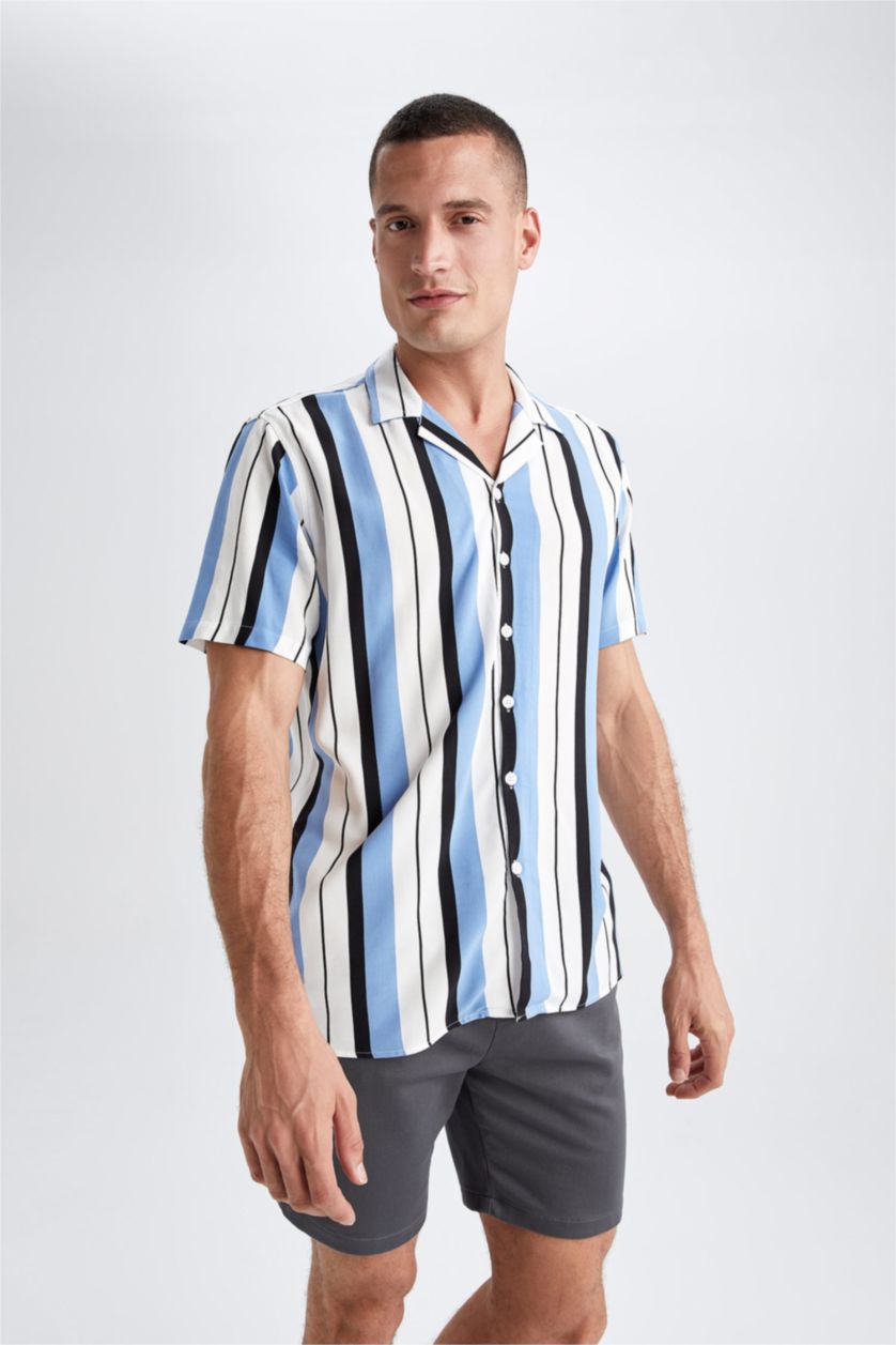 MAN Blue Regular Fit Top Collar Line Pattern Short Sleeve Shirt