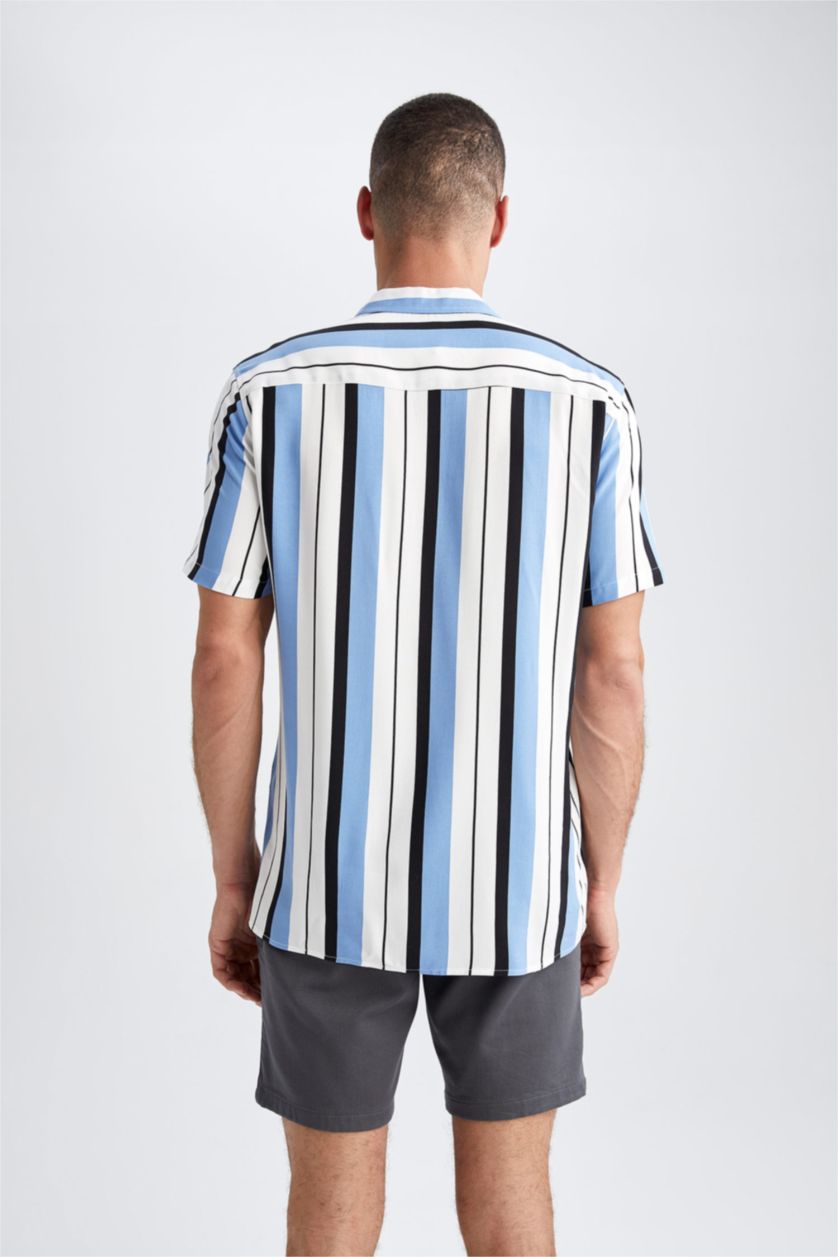 MAN Blue Regular Fit Top Collar Line Pattern Short Sleeve Shirt
