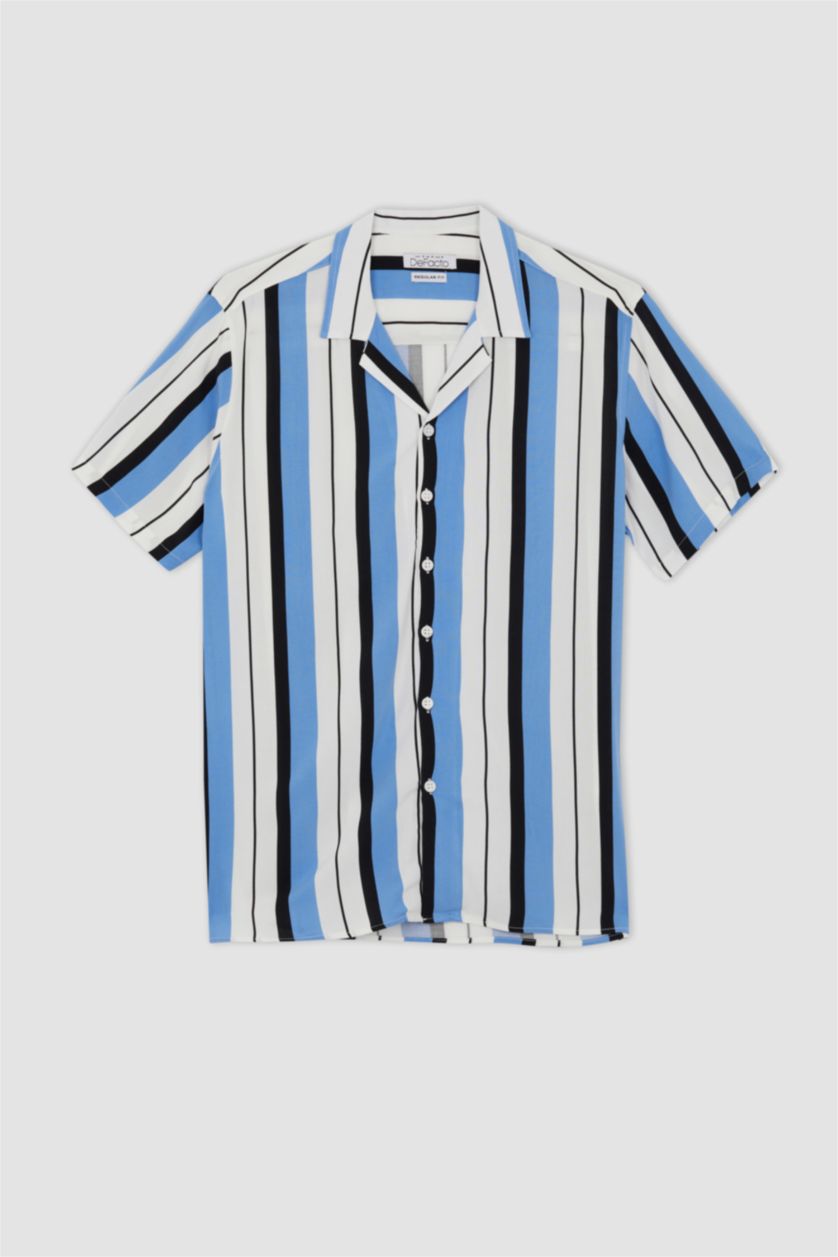 MAN Blue Regular Fit Top Collar Line Pattern Short Sleeve Shirt