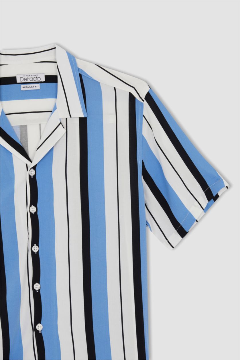 MAN Blue Regular Fit Top Collar Line Pattern Short Sleeve Shirt