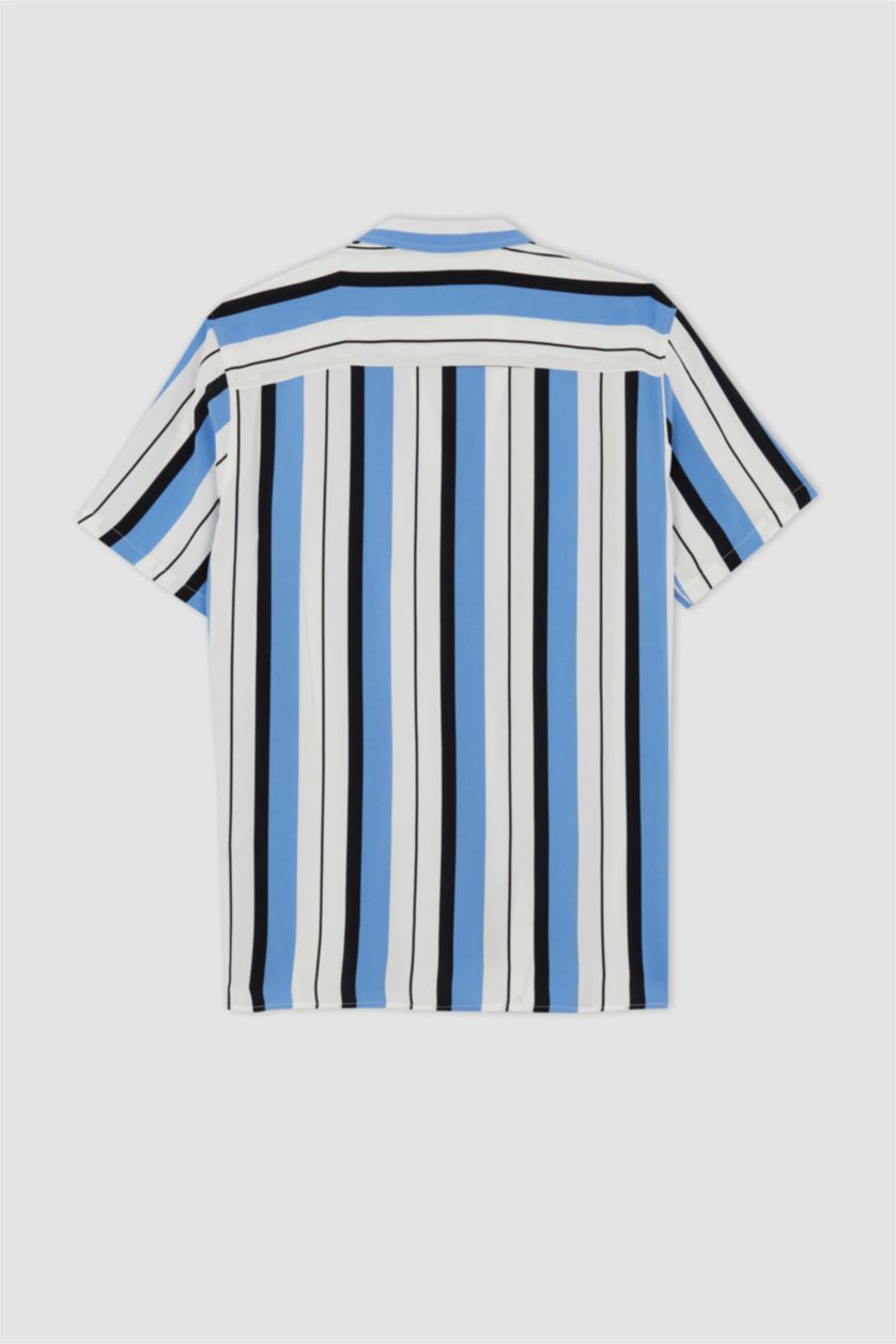 MAN Blue Regular Fit Top Collar Line Pattern Short Sleeve Shirt