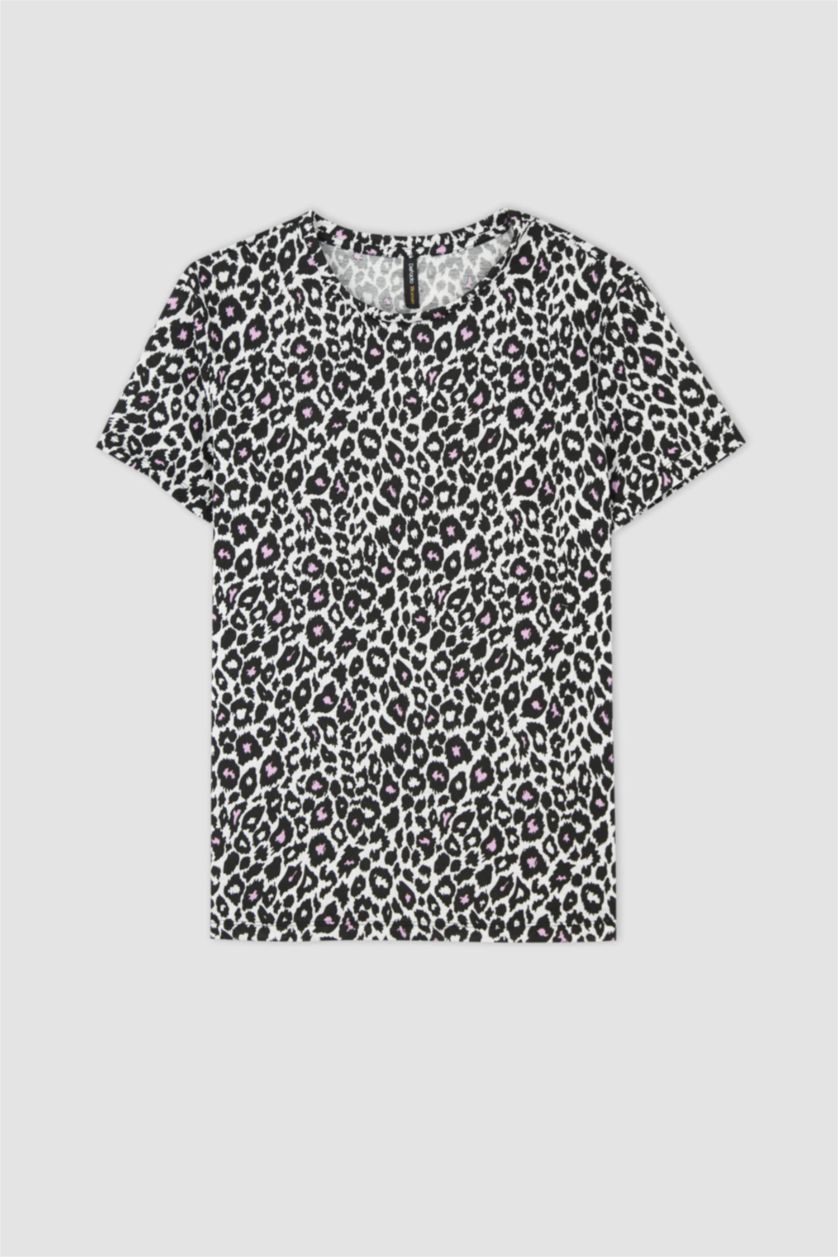 نساء أبيض تيشيرت بقصة عادية نص كم مزين بنقشة جلد الفهد