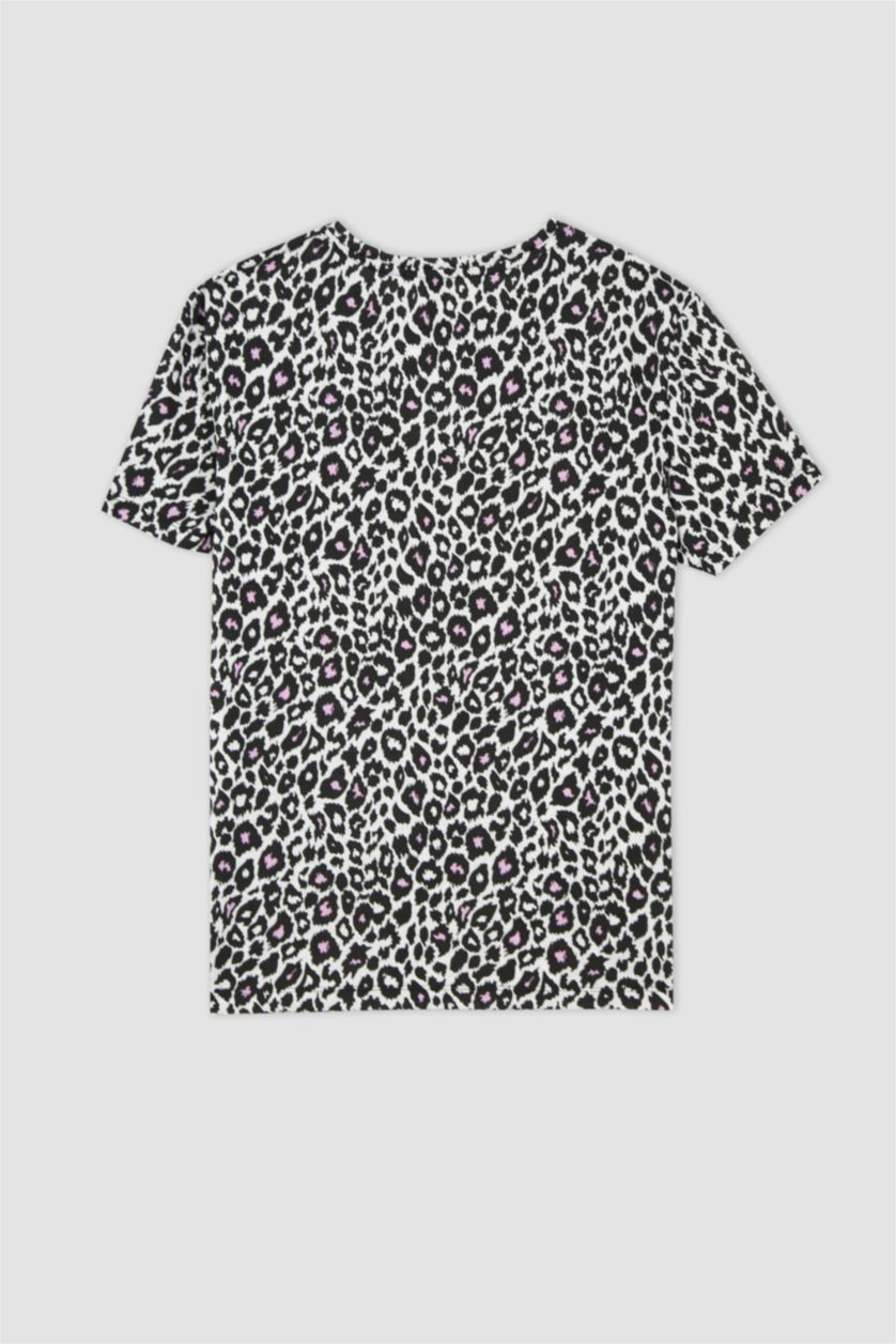 نساء أبيض تيشيرت بقصة عادية نص كم مزين بنقشة جلد الفهد