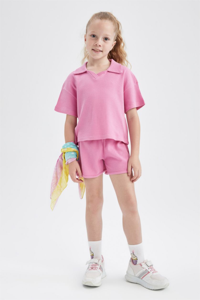 FILLES Rose Ensemble En Tricot Col Polo Manche Courte 2 Fille