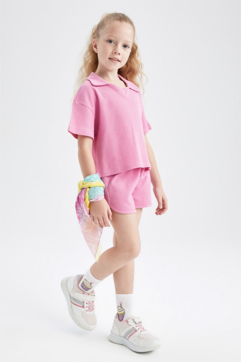 FILLES Rose Ensemble En Tricot Col Polo Manche Courte 2 Fille