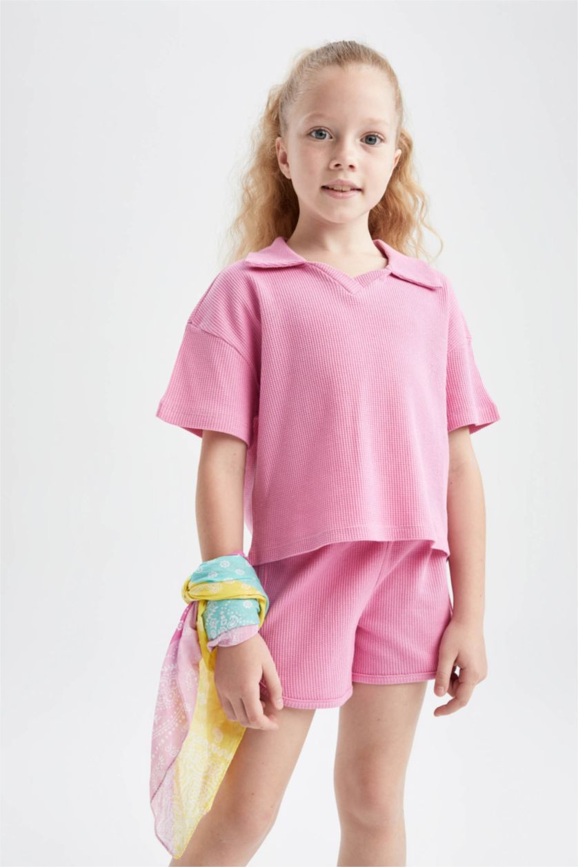 FILLES Rose Ensemble En Tricot Col Polo Manche Courte 2 Fille