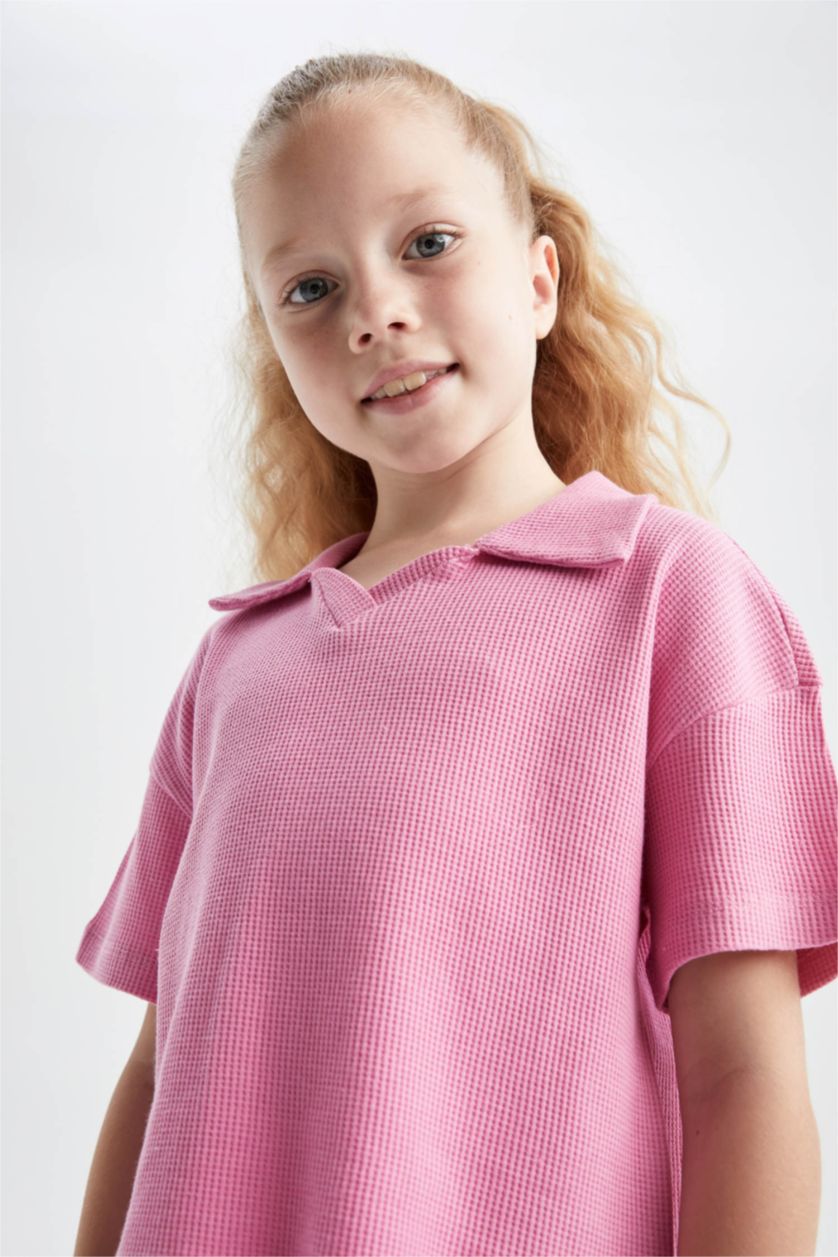 FILLES Rose Ensemble En Tricot Col Polo Manche Courte 2 Fille