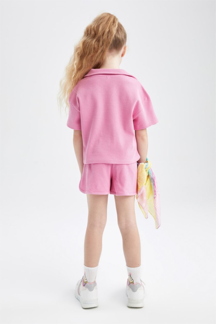 FILLES Rose Ensemble En Tricot Col Polo Manche Courte 2 Fille