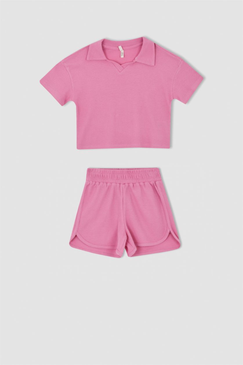 FILLES Rose Ensemble En Tricot Col Polo Manche Courte 2 Fille