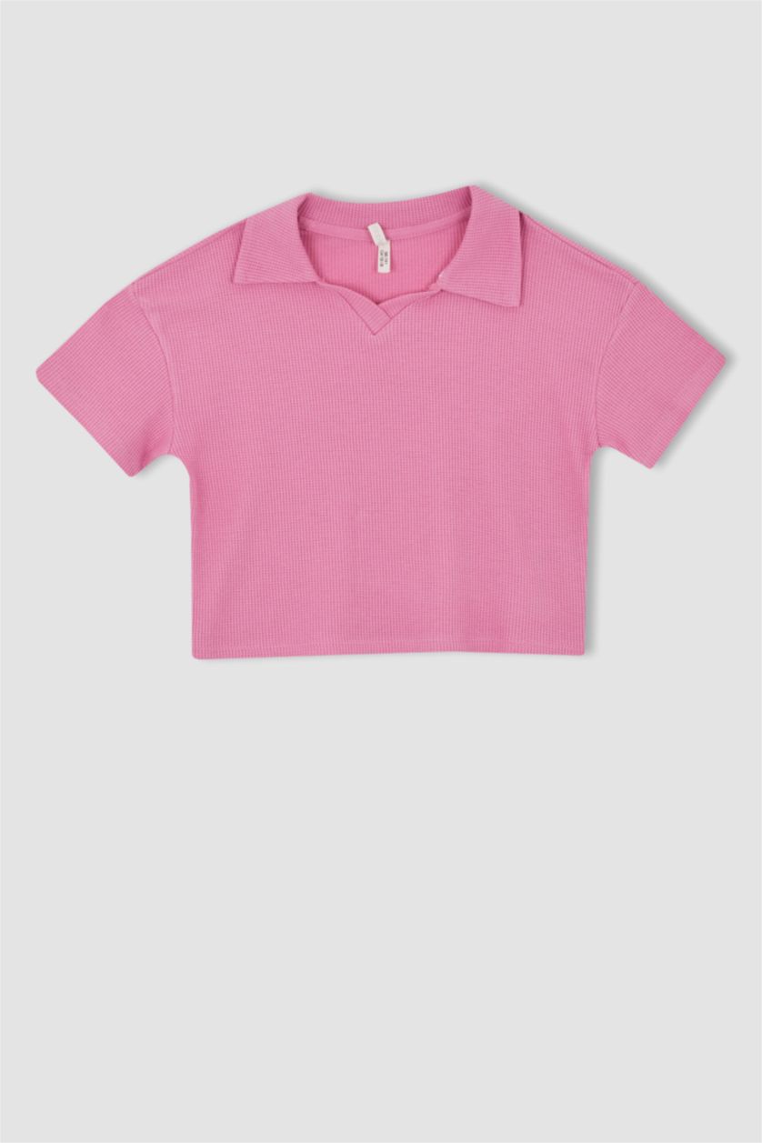 FILLES Rose Ensemble En Tricot Col Polo Manche Courte 2 Fille