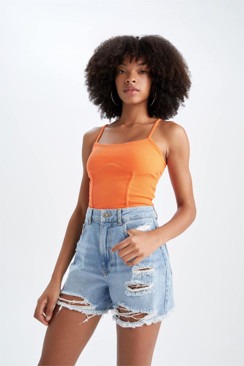Woman Coral Slim Fit Camisole V-Neck Tank Top