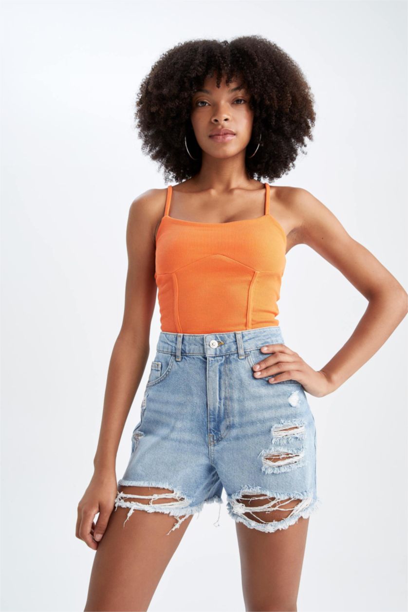 Woman Coral Slim Fit Camisole V-Neck Tank Top