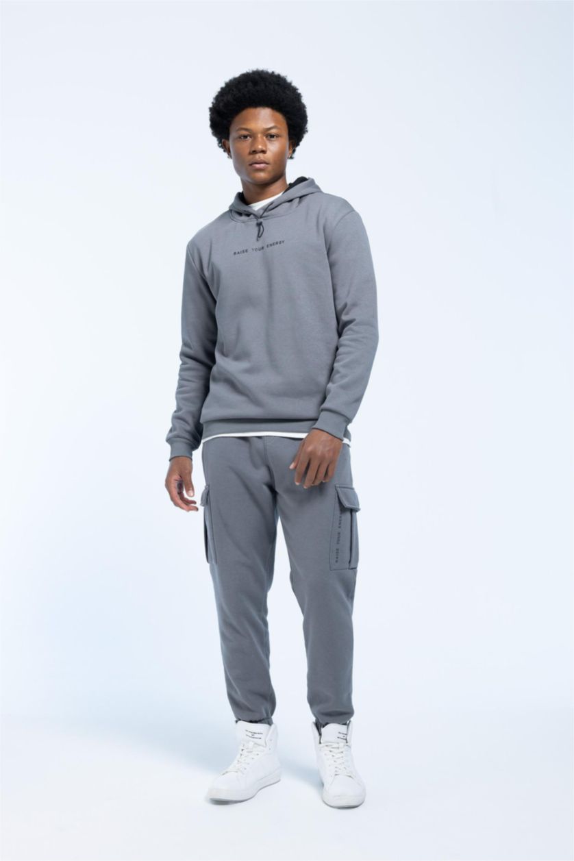 Man Grey DeFactoFit Standard Fit Cargo Pocket Jogger Sweatpants