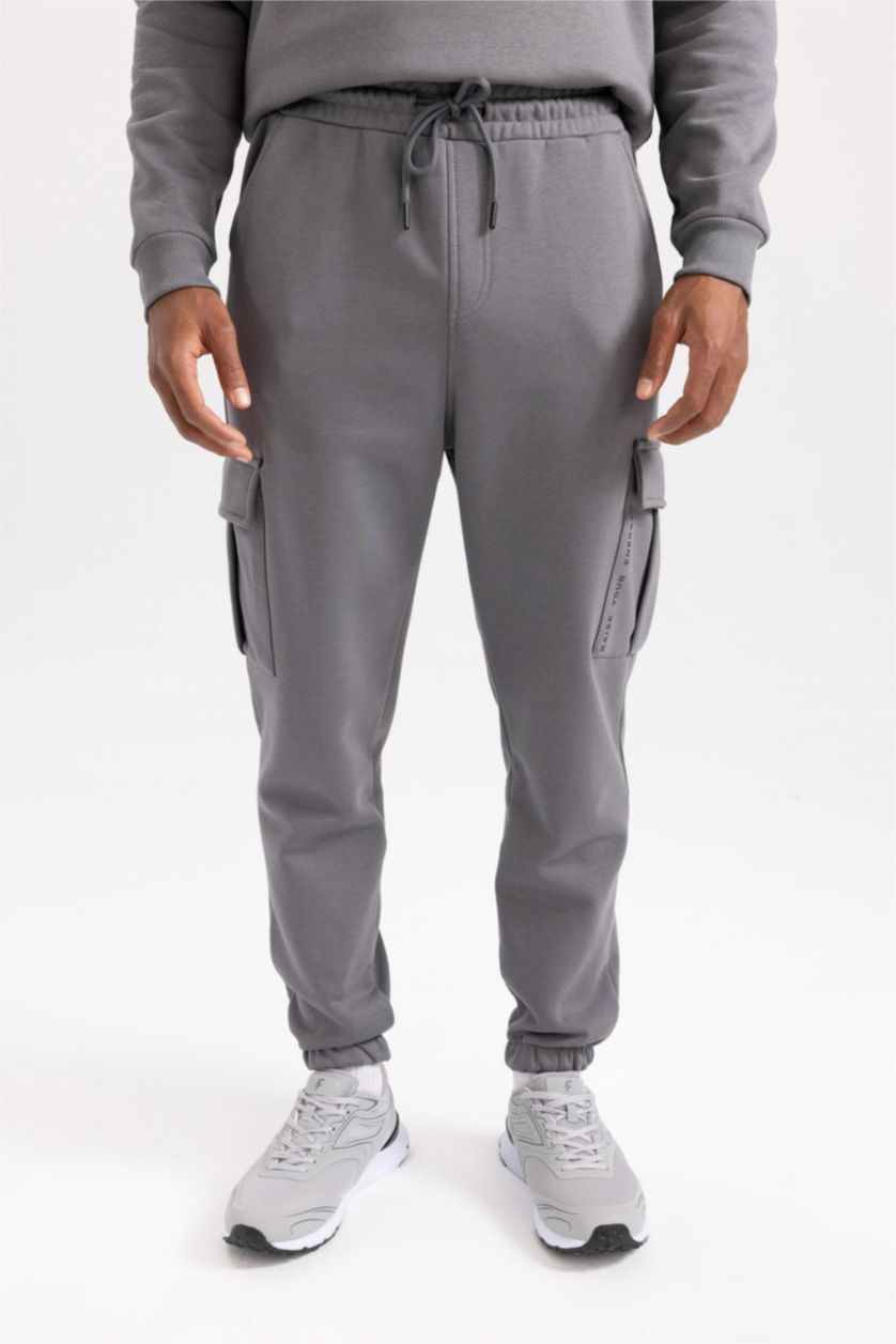 Man Grey DeFactoFit Standard Fit Cargo Pocket Jogger Sweatpants