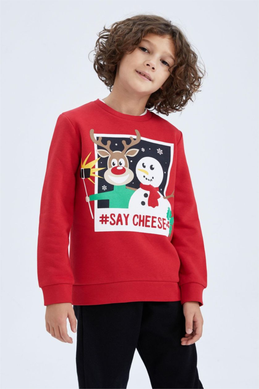 Erkek Çocuk - Genç Erkek Kırmızı Erkek Çocuk Yılbaşı Temalı Bisiklet Yaka Sweatshirt