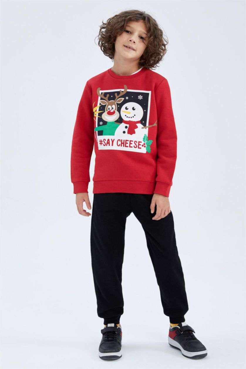 Erkek Çocuk - Genç Erkek Kırmızı Erkek Çocuk Yılbaşı Temalı Bisiklet Yaka Sweatshirt