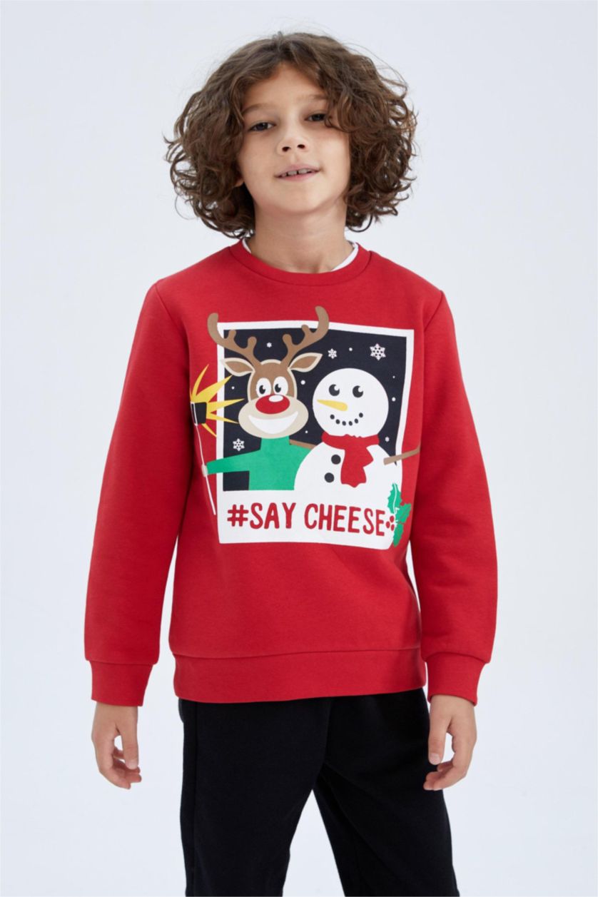 Erkek Çocuk - Genç Erkek Kırmızı Erkek Çocuk Yılbaşı Temalı Bisiklet Yaka Sweatshirt