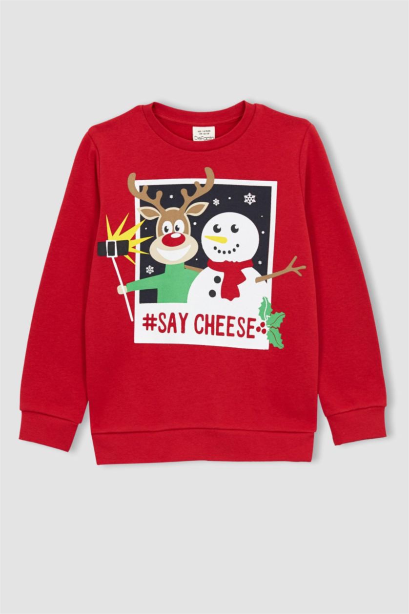 Erkek Çocuk - Genç Erkek Kırmızı Erkek Çocuk Yılbaşı Temalı Bisiklet Yaka Sweatshirt