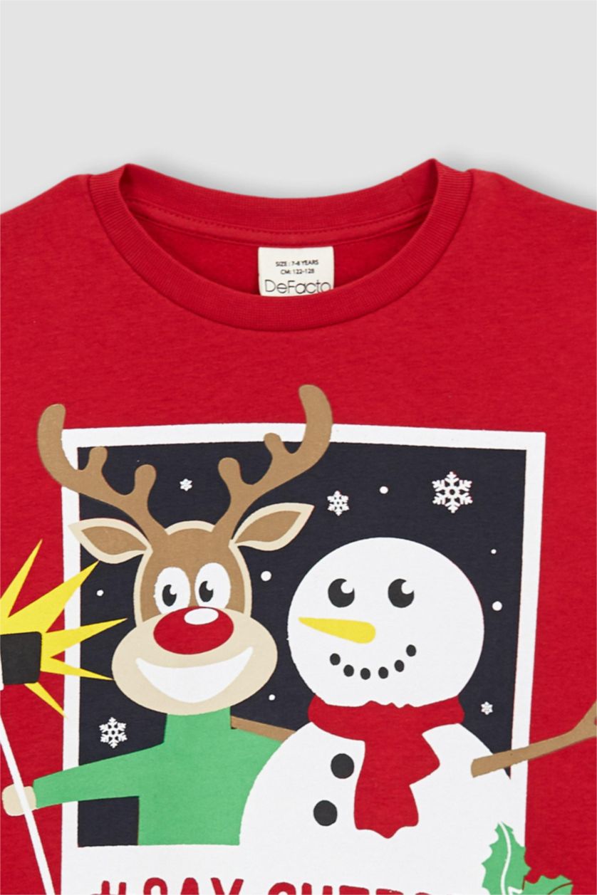 Erkek Çocuk - Genç Erkek Kırmızı Erkek Çocuk Yılbaşı Temalı Bisiklet Yaka Sweatshirt