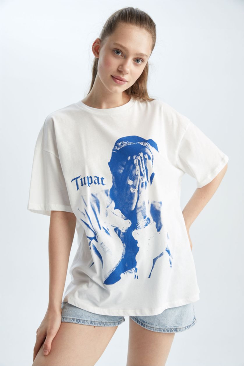WOMAN White Coool Tupac Shakur Licensed Oversize Fit Short Sleeve T-Shirt