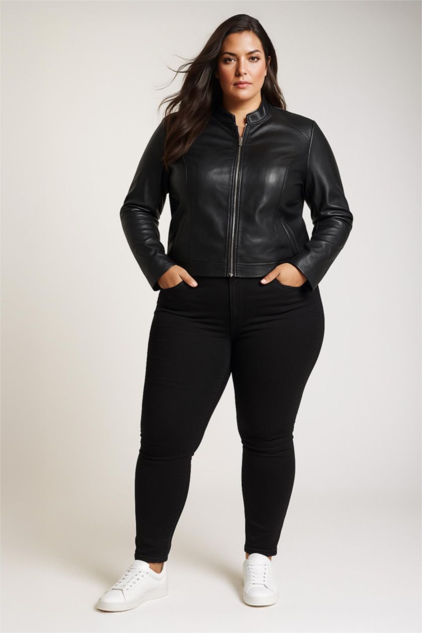 Kadın Siyah Su İtici Fermuarlı Suni Deri Biker Ceket