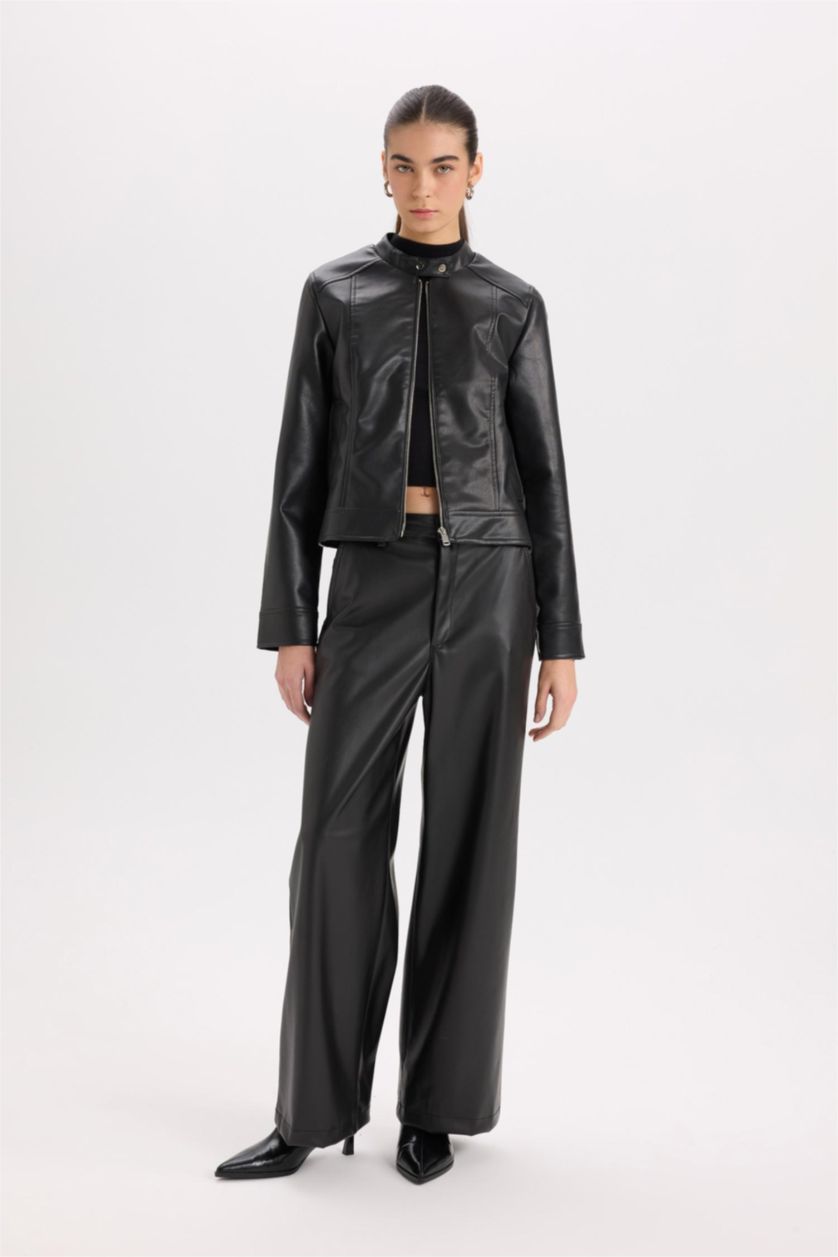 Kadın Siyah Su İtici Fermuarlı Suni Deri Biker Ceket