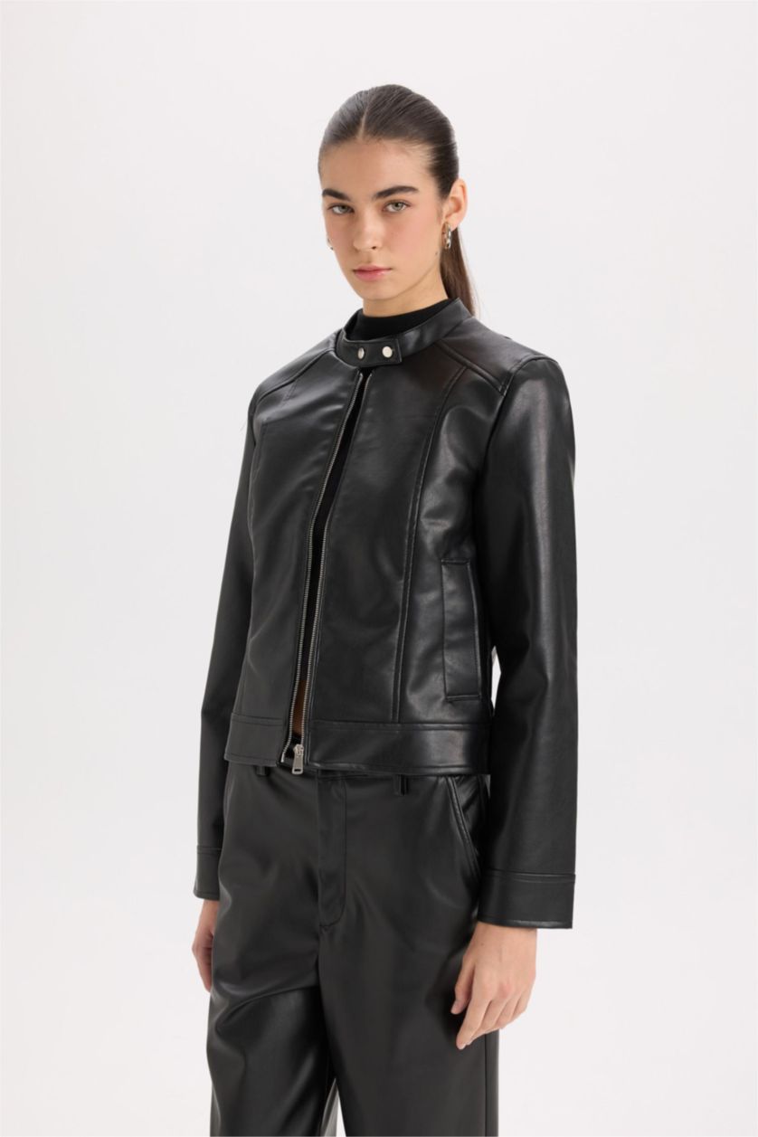 Kadın Siyah Su İtici Fermuarlı Suni Deri Biker Ceket