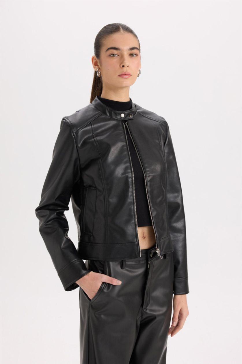 Kadın Siyah Su İtici Fermuarlı Suni Deri Biker Ceket