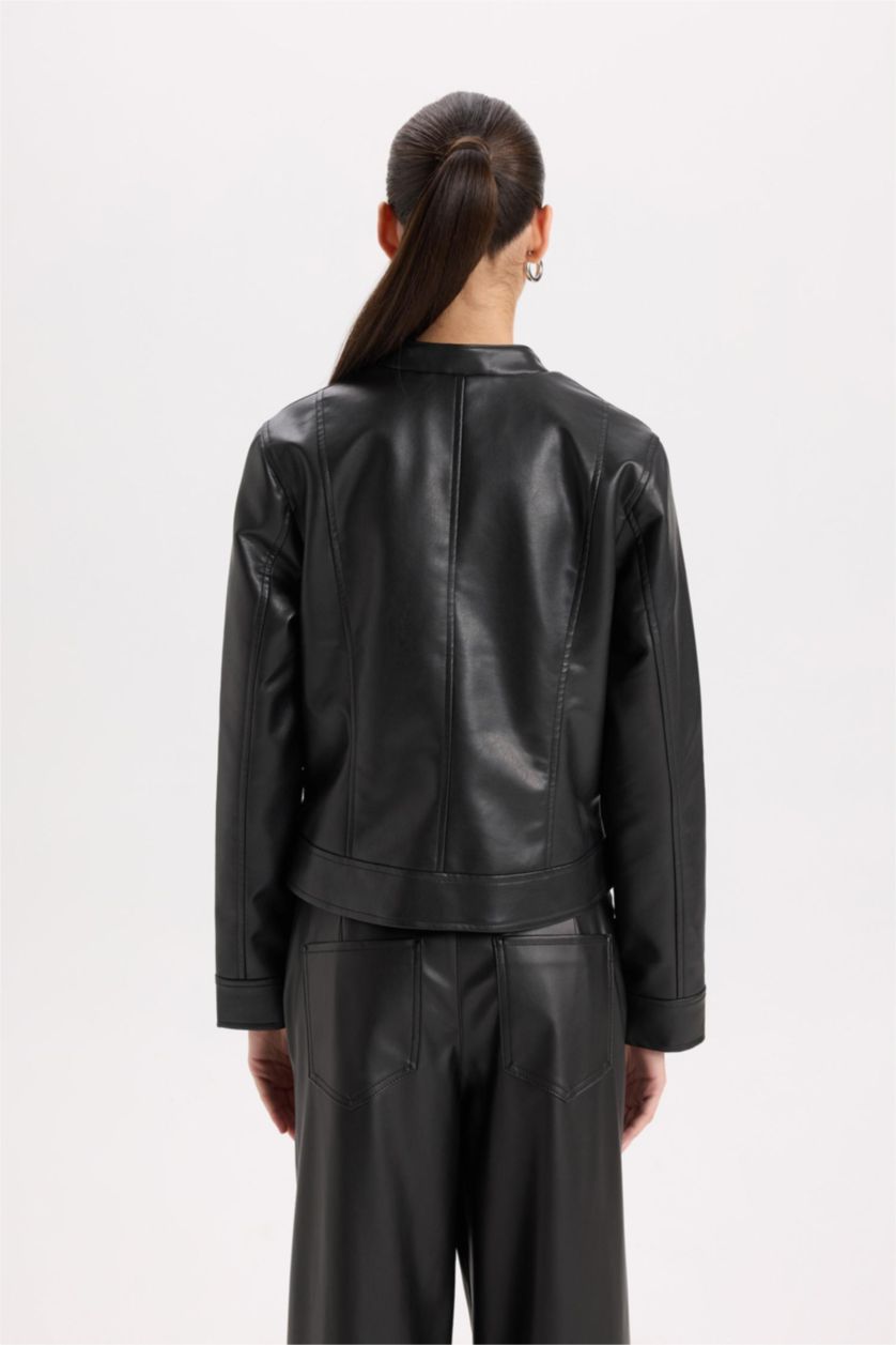 Kadın Siyah Su İtici Fermuarlı Suni Deri Biker Ceket