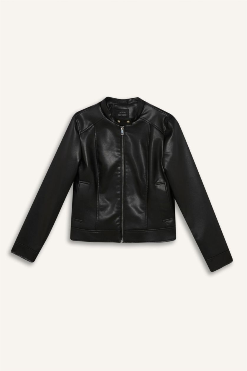 Kadın Siyah Su İtici Fermuarlı Suni Deri Biker Ceket