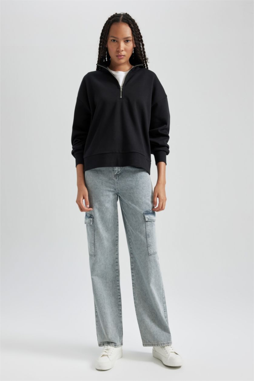 WOMAN Black Regular Fit Half Zipper Long Sleeve Reversible Thick Fabric Sweatshirt