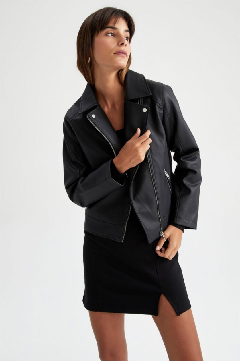 Kadın Siyah Su İtici Suni Deri Blazer Biker Ceket