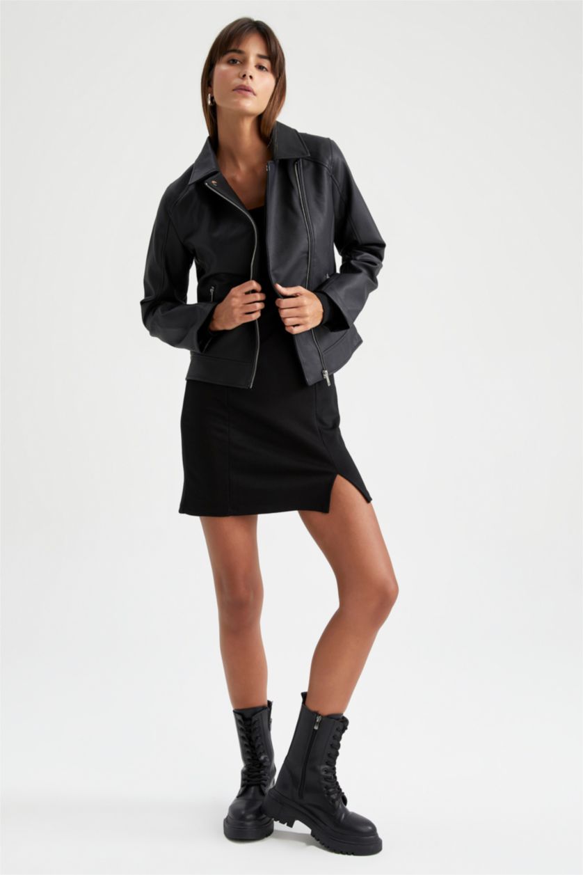 Kadın Siyah Su İtici Suni Deri Blazer Biker Ceket