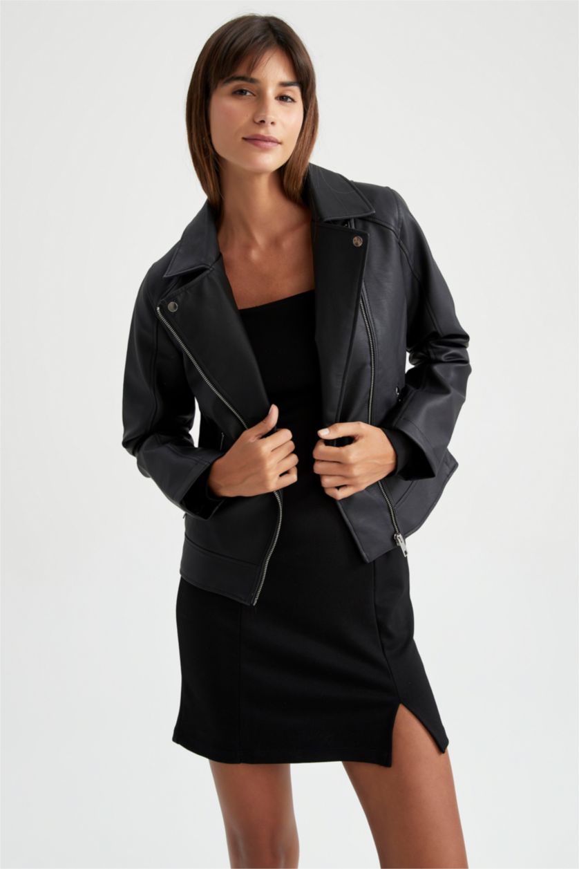 Kadın Siyah Su İtici Suni Deri Blazer Biker Ceket