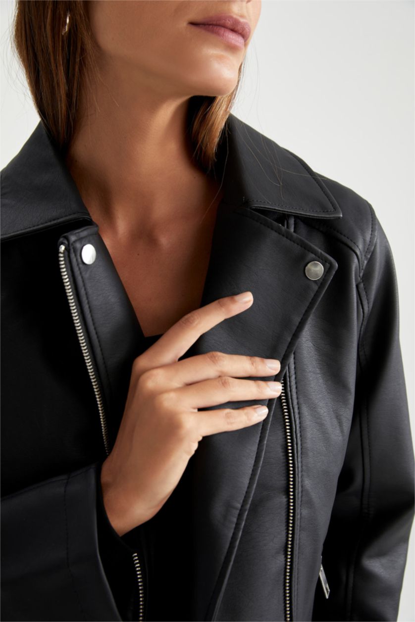 Kadın Siyah Su İtici Suni Deri Blazer Biker Ceket