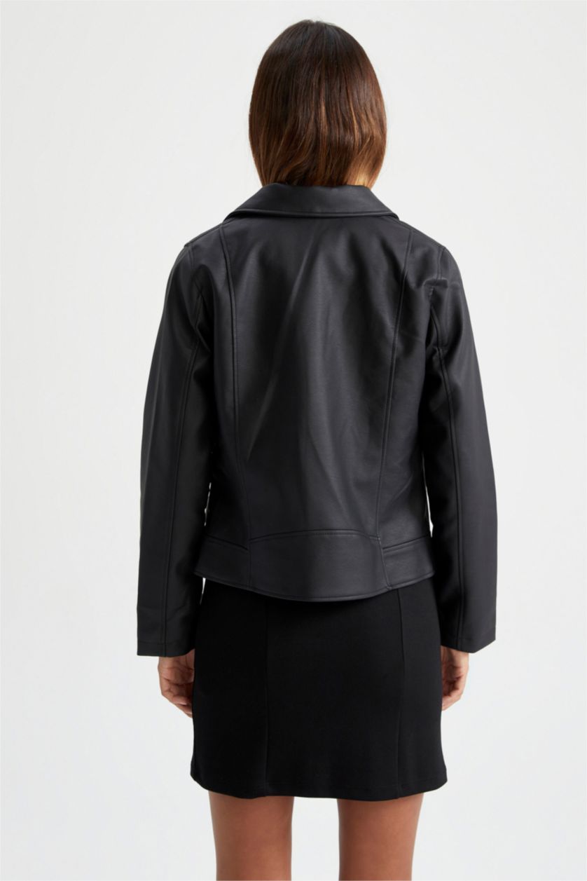 Kadın Siyah Su İtici Suni Deri Blazer Biker Ceket