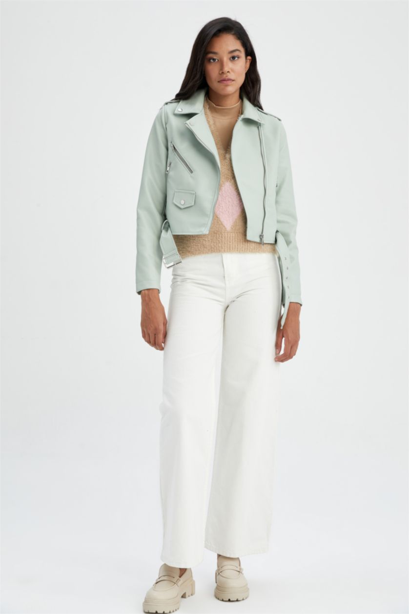 Kadın Deniz Mavisi 	Su İtici Kruvaze Yaka Fermuarlı Kapamalı Cepli Apoletli Mevsimlik Suni Deri Kemerli Crop Biker Ceket