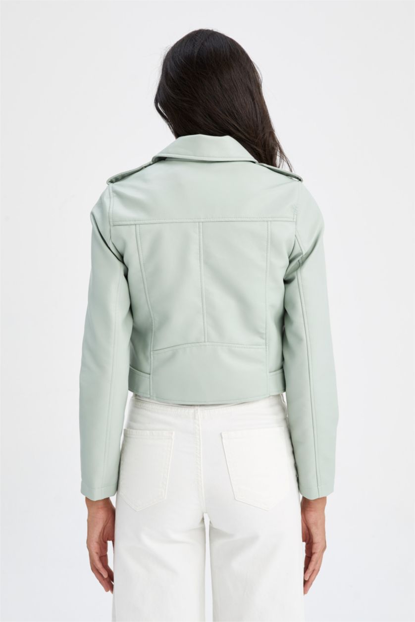 Kadın Deniz Mavisi 	Su İtici Kruvaze Yaka Fermuarlı Kapamalı Cepli Apoletli Mevsimlik Suni Deri Kemerli Crop Biker Ceket