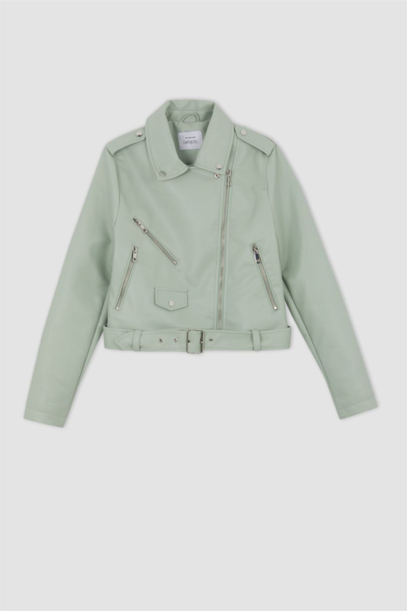 Kadın Deniz Mavisi 	Su İtici Kruvaze Yaka Fermuarlı Kapamalı Cepli Apoletli Mevsimlik Suni Deri Kemerli Crop Biker Ceket