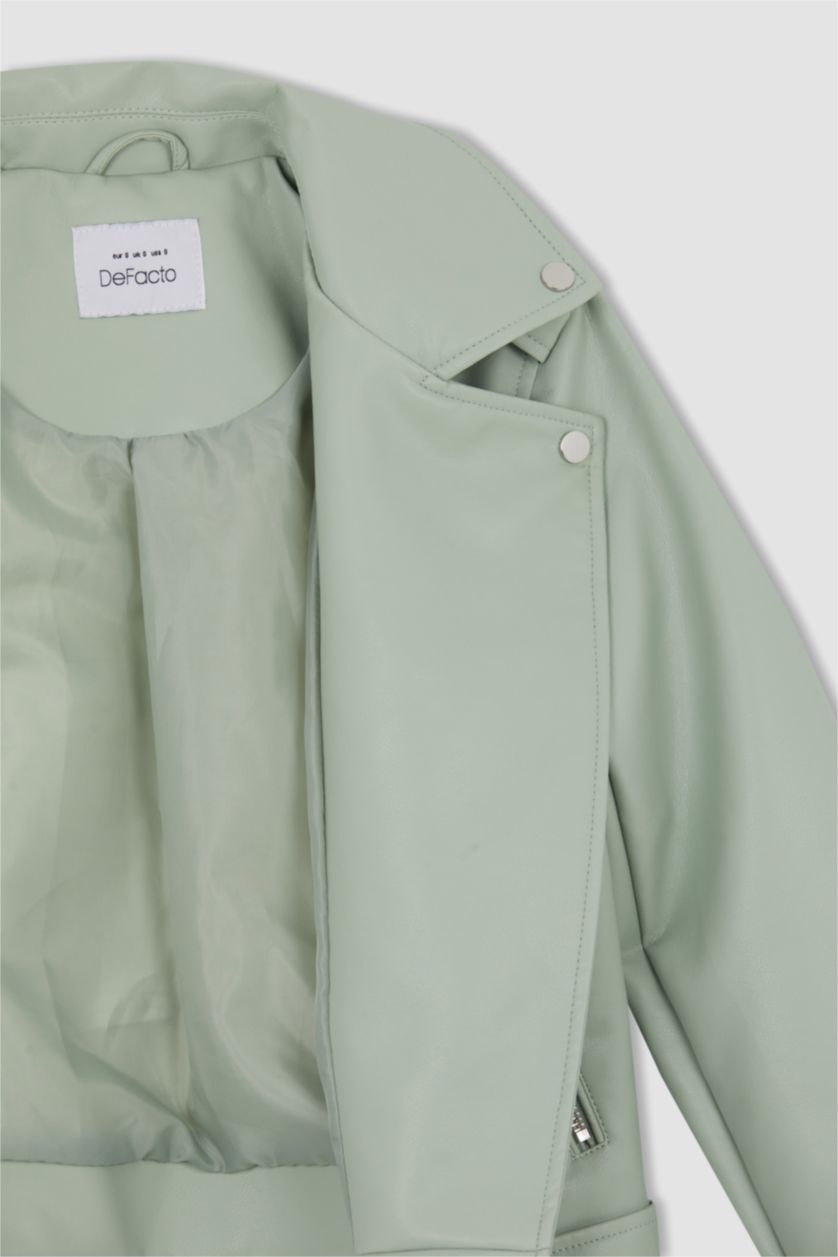 Kadın Deniz Mavisi 	Su İtici Kruvaze Yaka Fermuarlı Kapamalı Cepli Apoletli Mevsimlik Suni Deri Kemerli Crop Biker Ceket